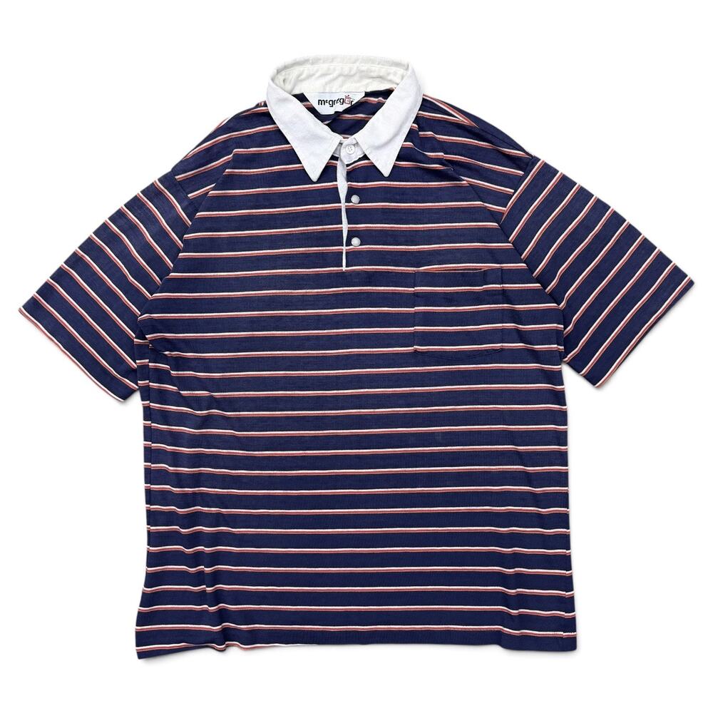 Vintage McGregor Striped Polo Shirt Navy Blue Red Yellow Rugby Style Large Thin